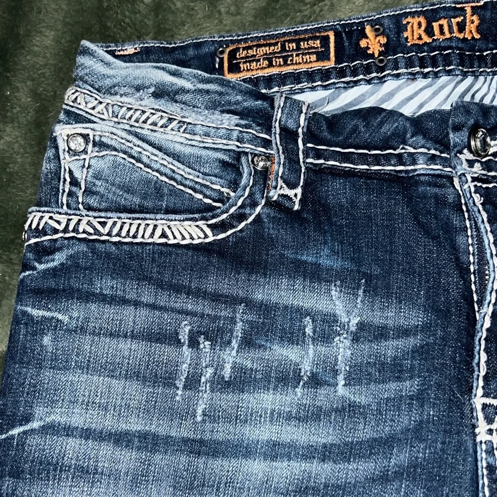 ROCK REVIVAL 🎸 THICK STITCH MAY BOOTCUT DESTROYED DISTRESSED JEANS Women 34 W38” - Picture 7 of 16